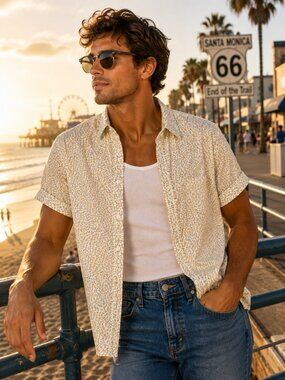 Parke & Ronen Men's Large Floral Button Up Shirt White Yellow Cotton Made USA